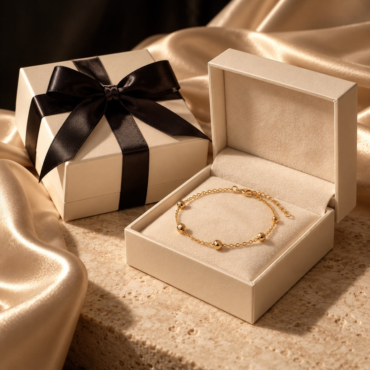 Scatole regalo avorio e nere con nastri e un bracciale dorato, immagine editoriale di idee regalo