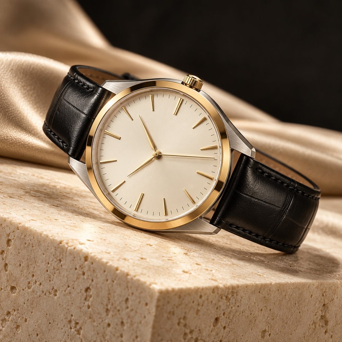 Orologio analogico con cinturino nero su velluto e pietra color champagne, immagine editoriale