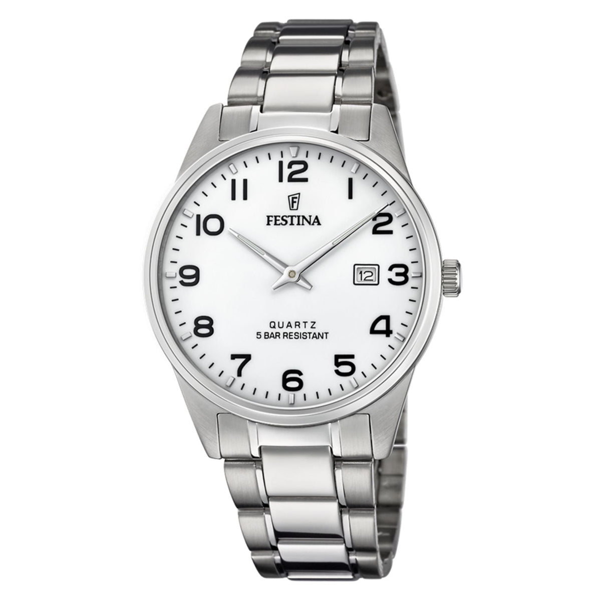 Orologio Festina F20511/1, bianco, numeri arabi, vista del quadrante e del bracciale
