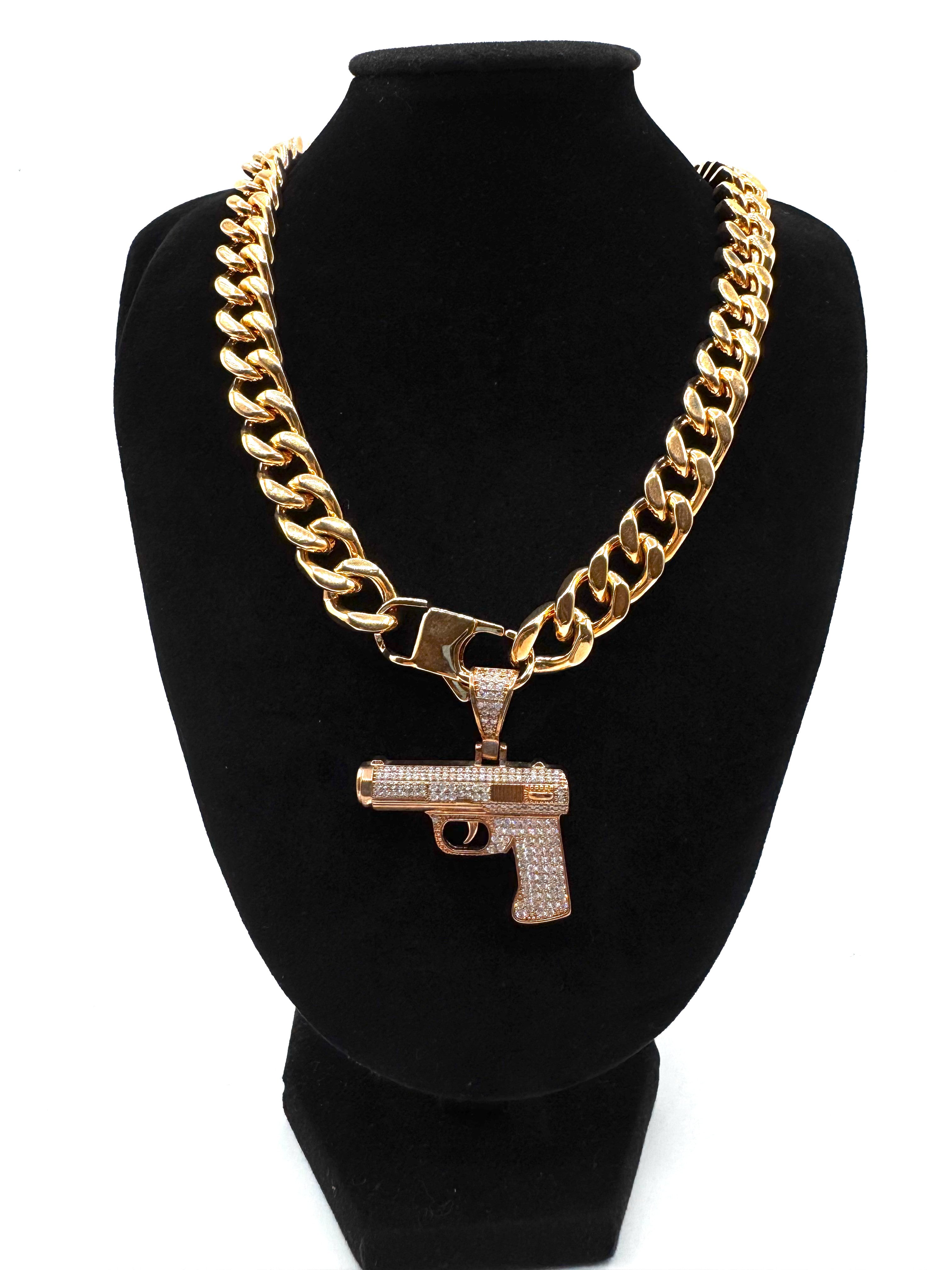 Collana In Acciaio Con Pendente a Forma Di Pistola Zirconato Trap Hip Hop