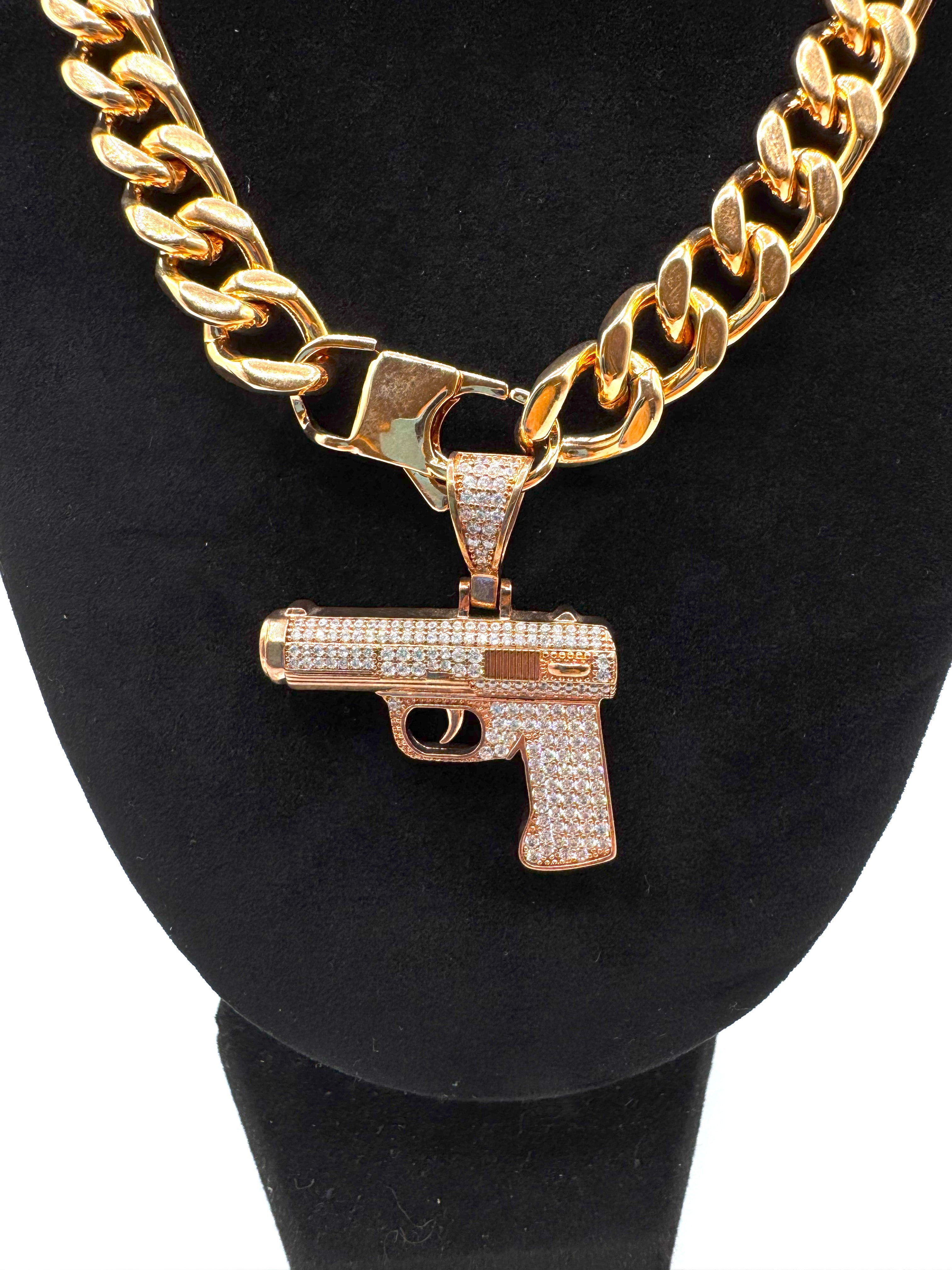 Collana In Acciaio Con Pendente a Forma Di Pistola Zirconato Trap Hip Hop