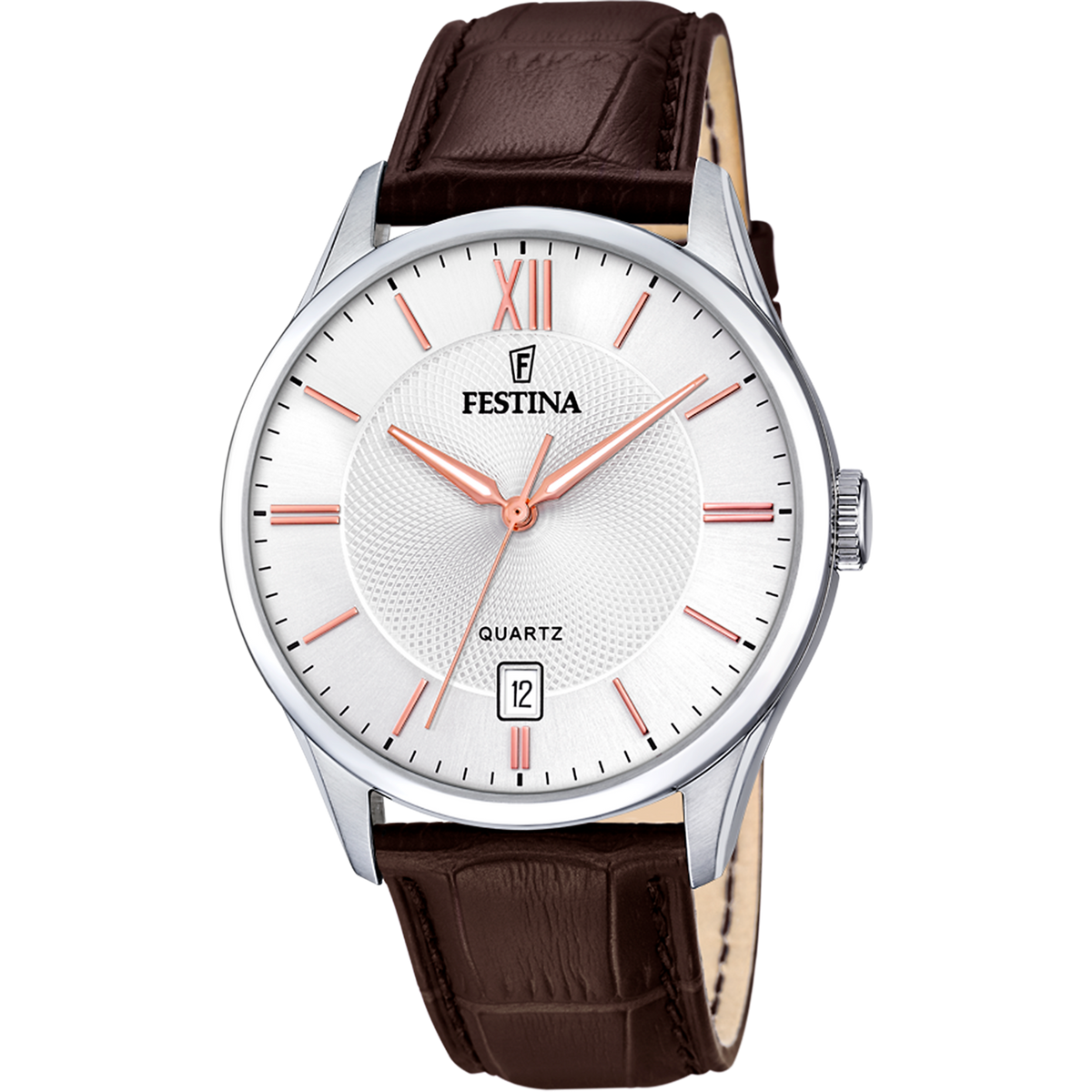 Orologio Festina F20426/4, bianco / cinturino marrone, vista del quadrante e del cinturino