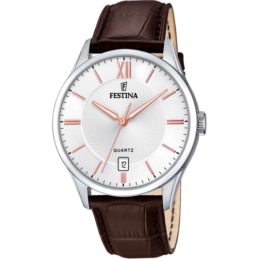 Orologio Festina F20426/4, bianco / cinturino marrone, vista del quadrante e del cinturino
