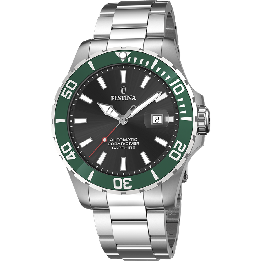Orologio automatico Festina F20531/2 con quadrante nero, lunetta verde e bracciale in acciaio