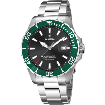 Orologio automatico Festina F20531/2 con quadrante nero, lunetta verde e bracciale in acciaio