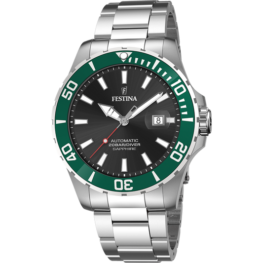 Orologio automatico Festina F20531/2 con quadrante nero, lunetta verde e bracciale in acciaio