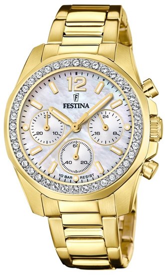 Orologio Festina F20609/1, chiaro / finitura dorata, vista del quadrante e del bracciale