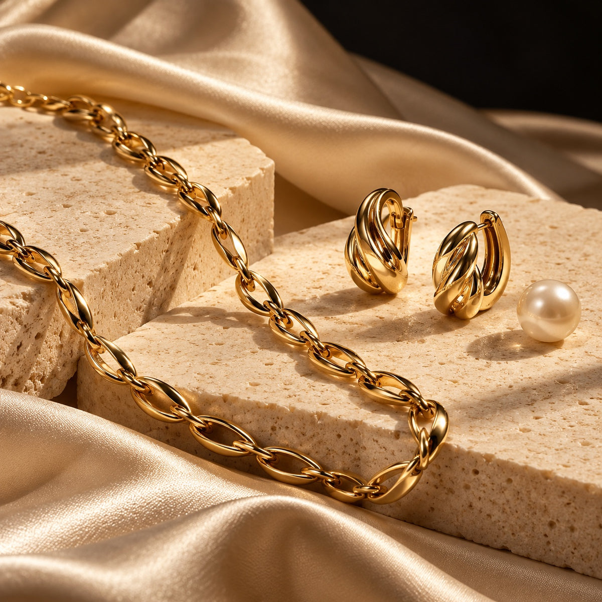 Collana e orecchini dorati su una superficie color champagne, immagine editoriale Annarita Gioielli
