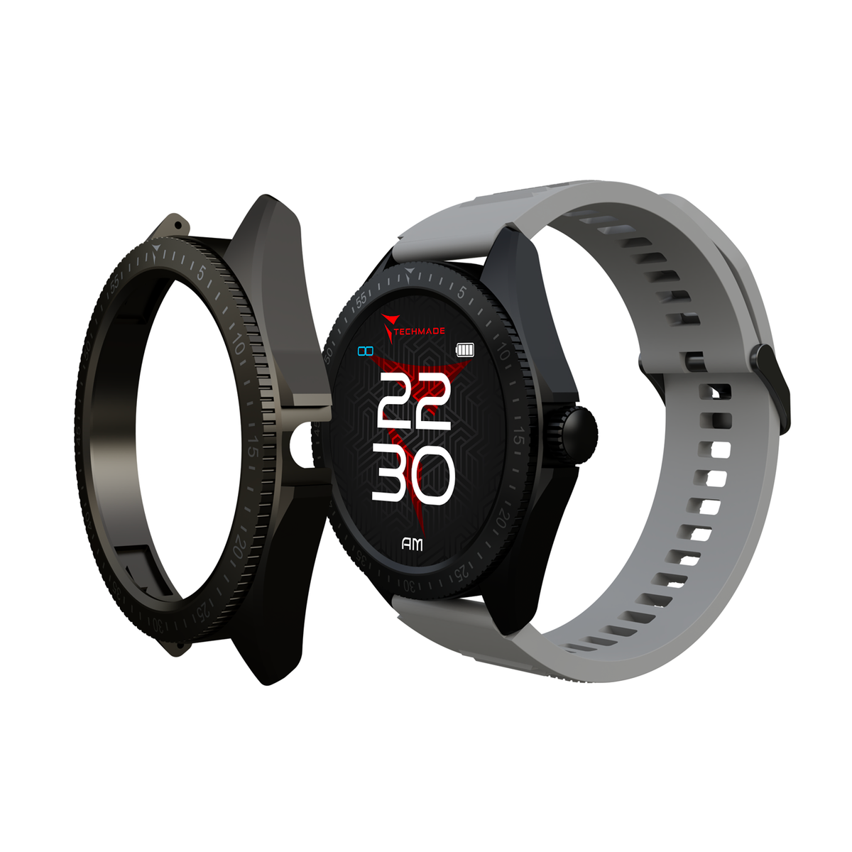 Smartwatch Techmade Rocks 2.0 TM-ROCKS2-BKGYG, grigio / nero e gun, vista di cassa e cinturino