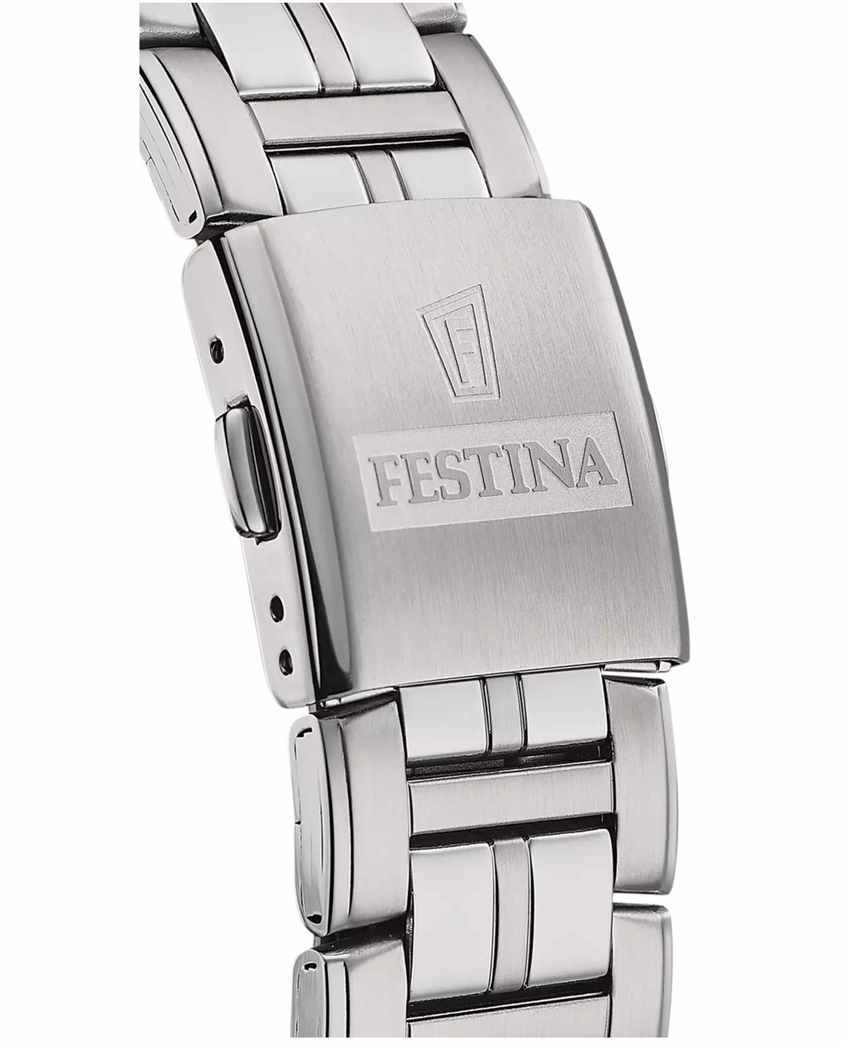 Dettaglio della chiusura del bracciale in acciaio dell’orologio Festina Multifunction F20445