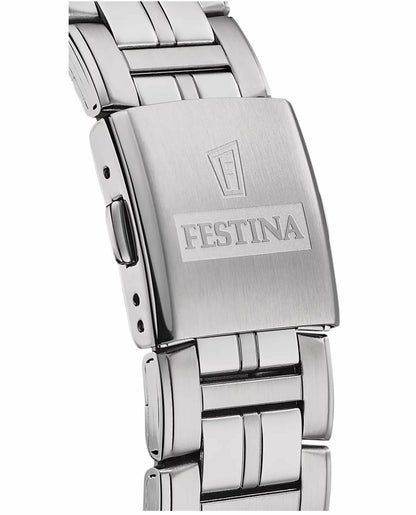 Dettaglio della chiusura del bracciale in acciaio dell’orologio Festina Multifunction F20445