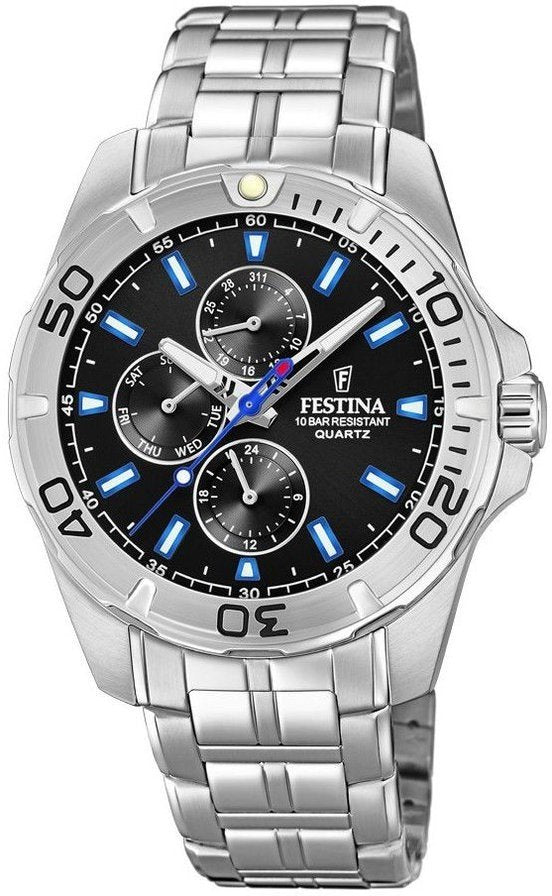 Festina F20445/6 Multifunction: quadrante nero e bracciale in acciaio, foto ufficiale su fondo bianco
