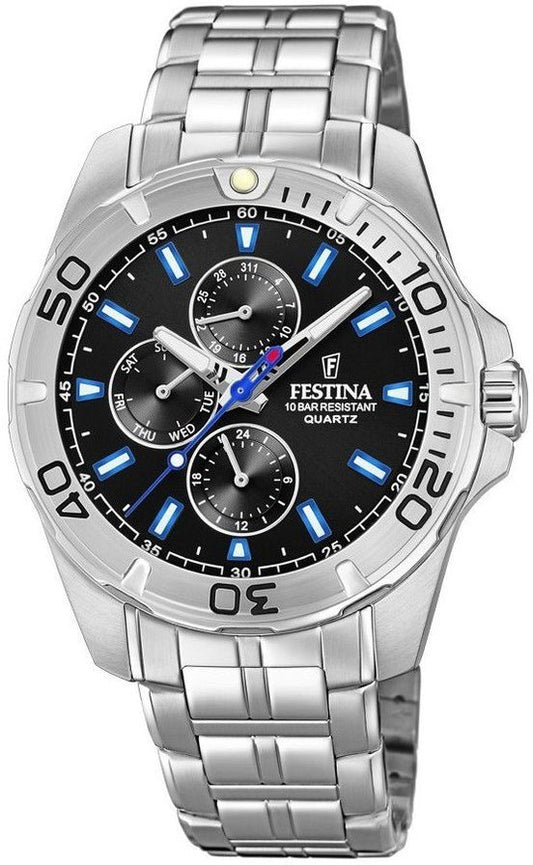 Festina F20445/6 Multifunction: quadrante nero e bracciale in acciaio, foto ufficiale su fondo bianco